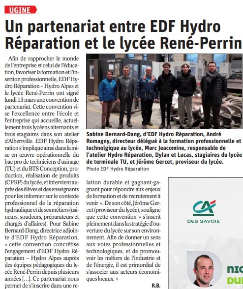 Signature d'une convention entre le Lycée René PERRIN et EDF Hydro Réparation